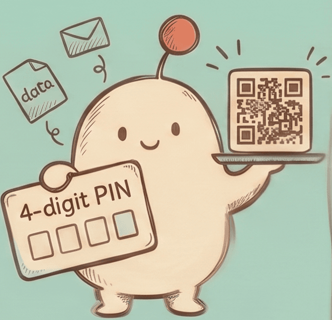 Illustration of a 4-digit PIN displayed on a screen with phones joining